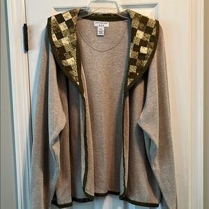 UNIQUE Women’s Covington Gray Open-Front Cardigan Green Quilted Accents Trim XL